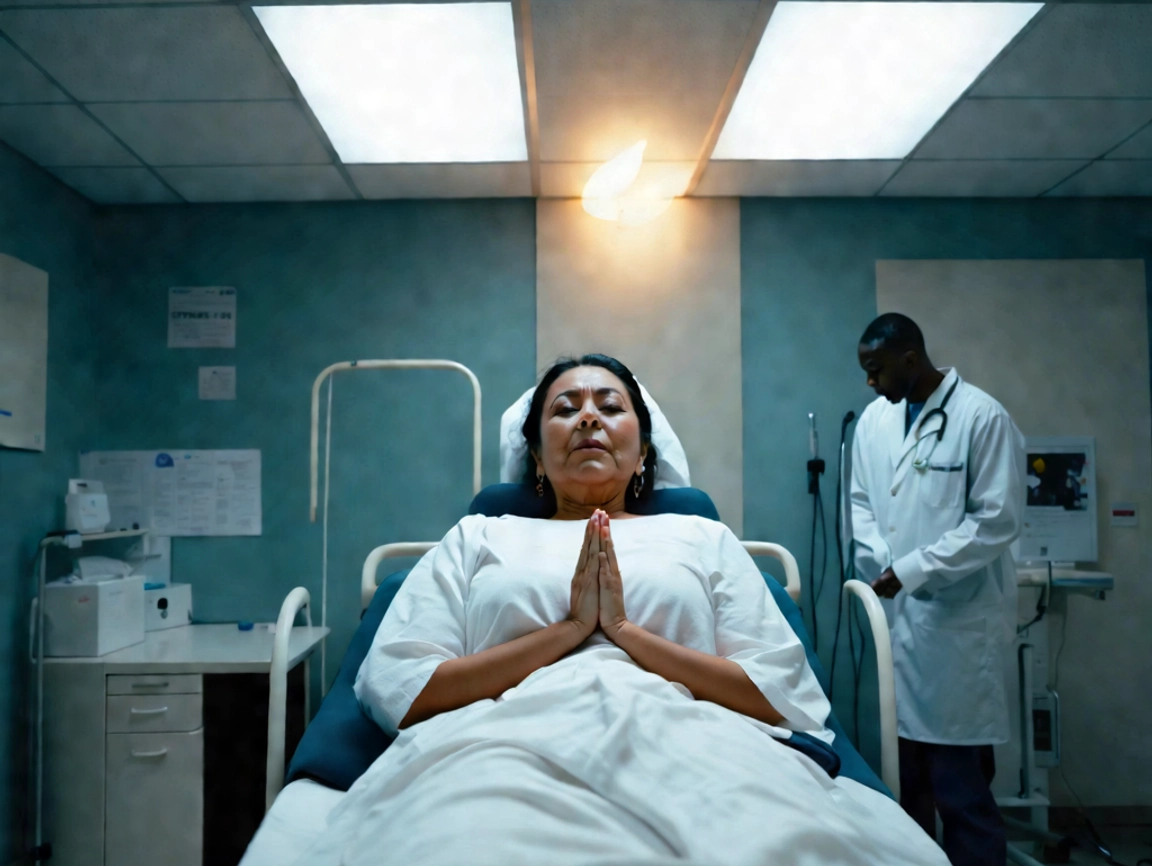 Patient praying in hospital bed, doctor nearby.