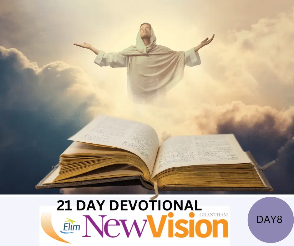 Inspirational devotional book with spiritual figure and clouds.