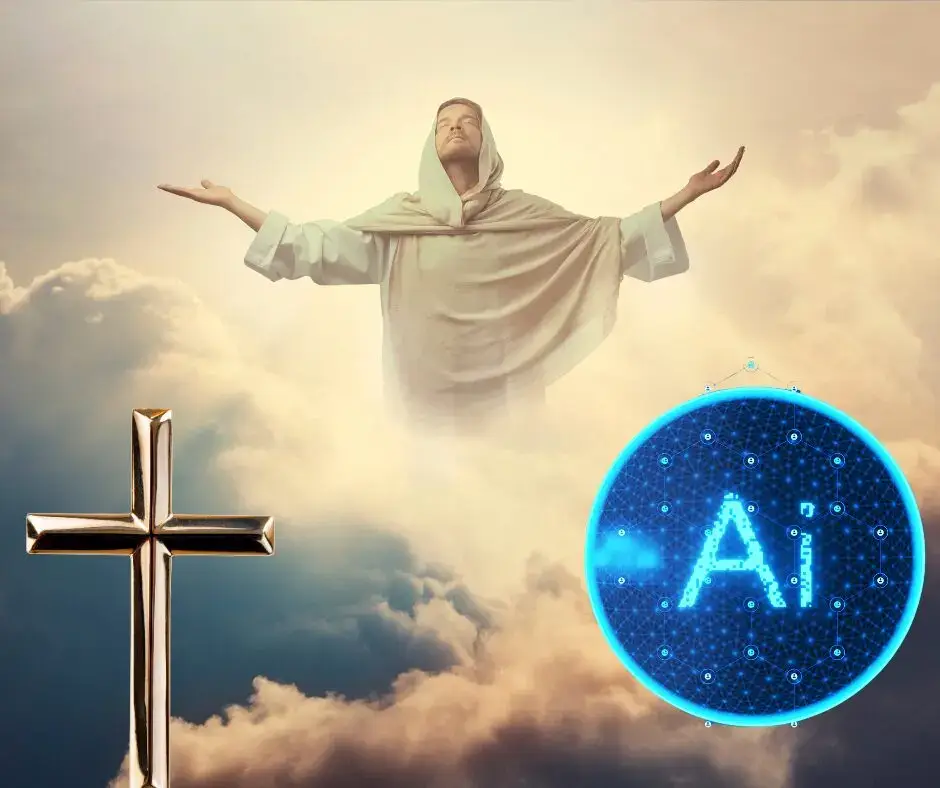 Jesus with raised arms, cross, and AI symbol