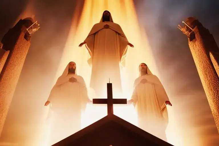 Three glowing robed figures under bright light.