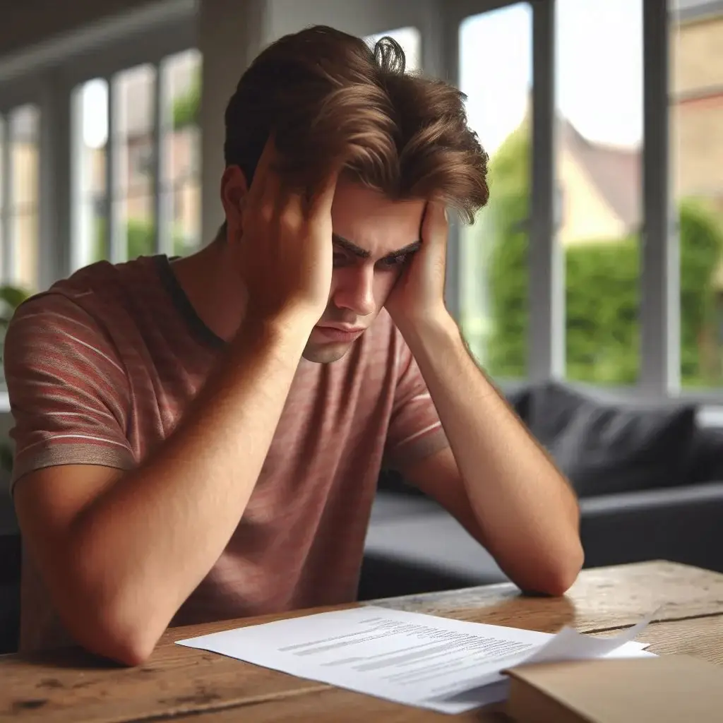 Stressed man reading documents at a table.