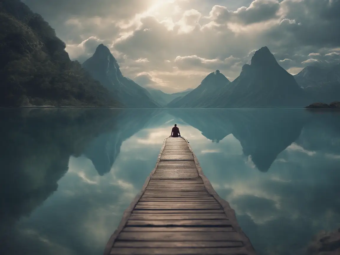 Person on dock overlooking serene mountain lake