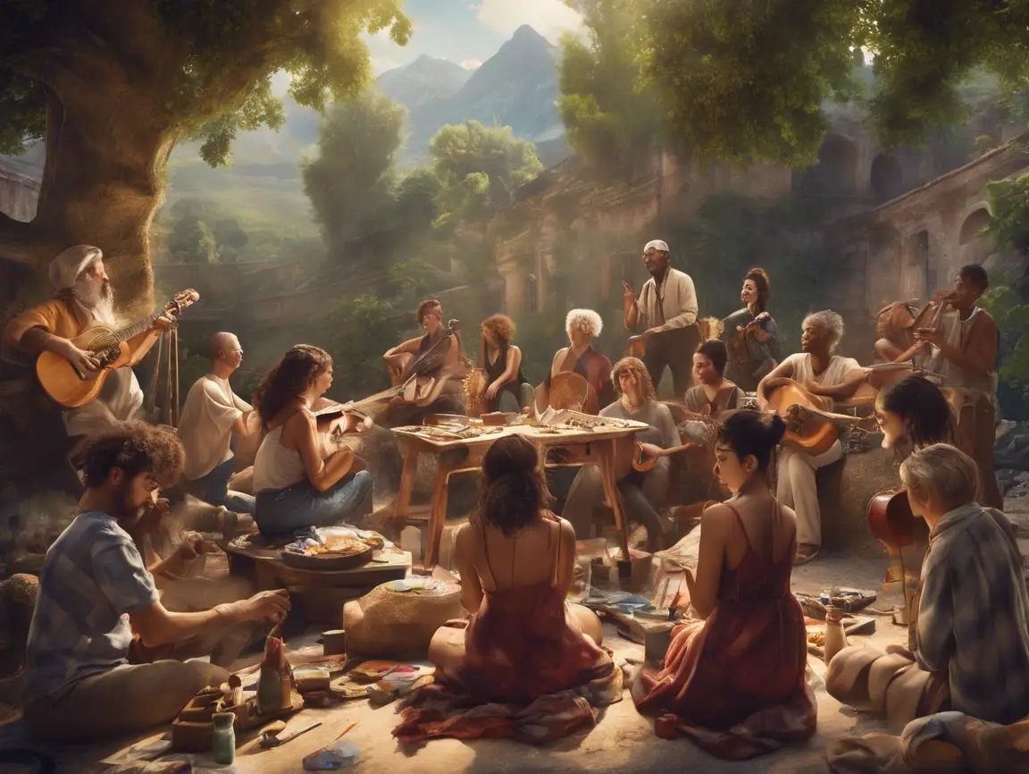 Group playing music outdoors in nature setting.