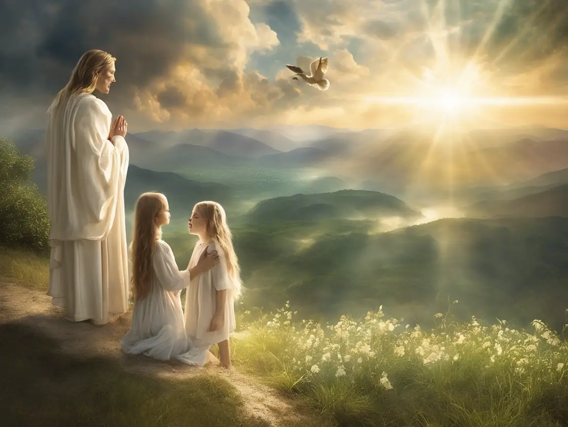 Spiritual scene with three figures and glowing sky.