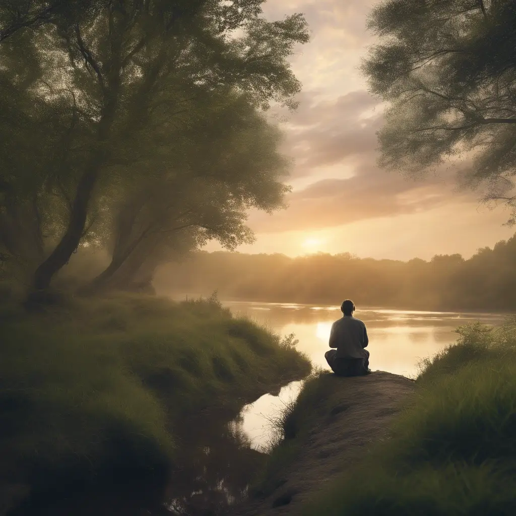 Person meditating by serene lake at sunrise.