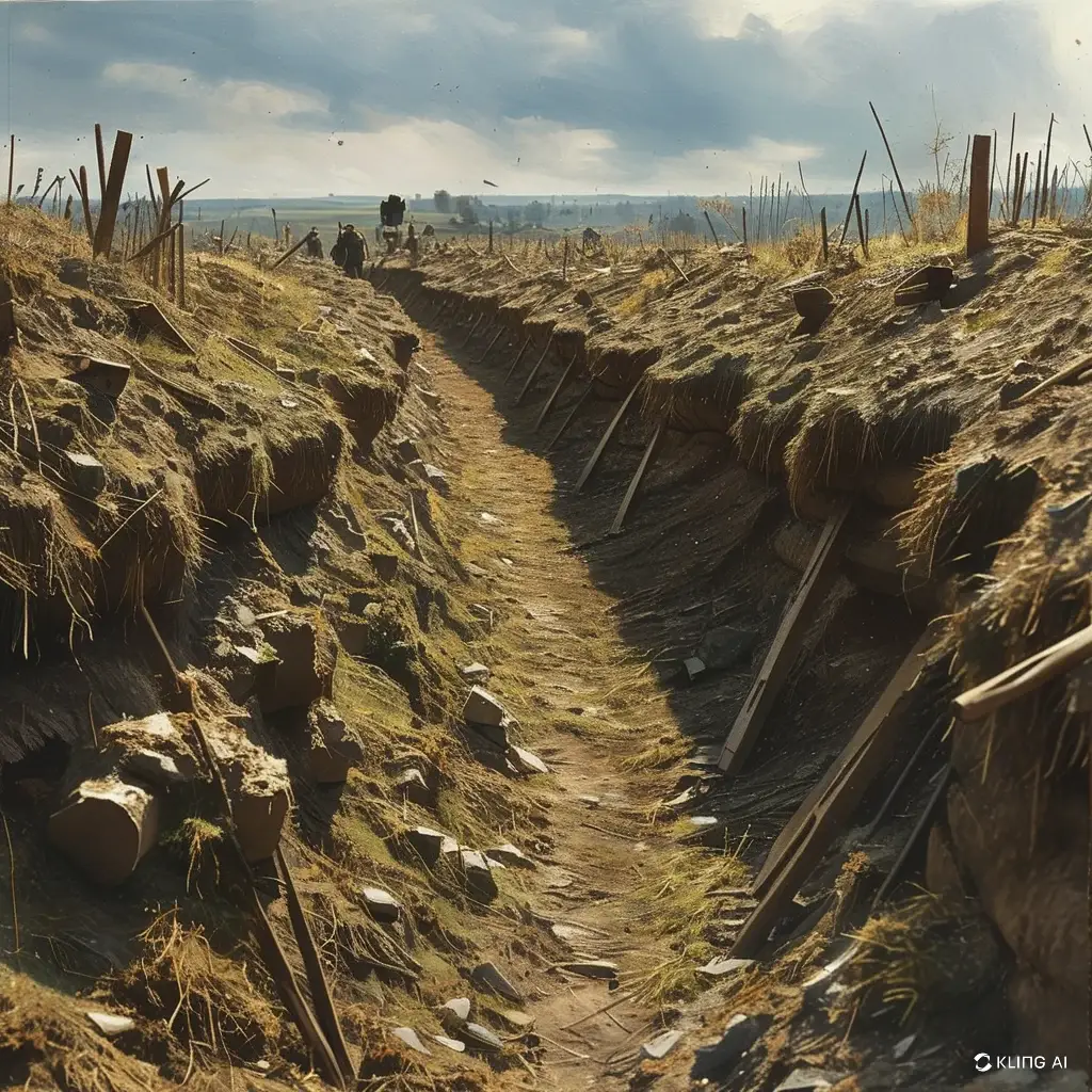 World War I trench under cloudy skies