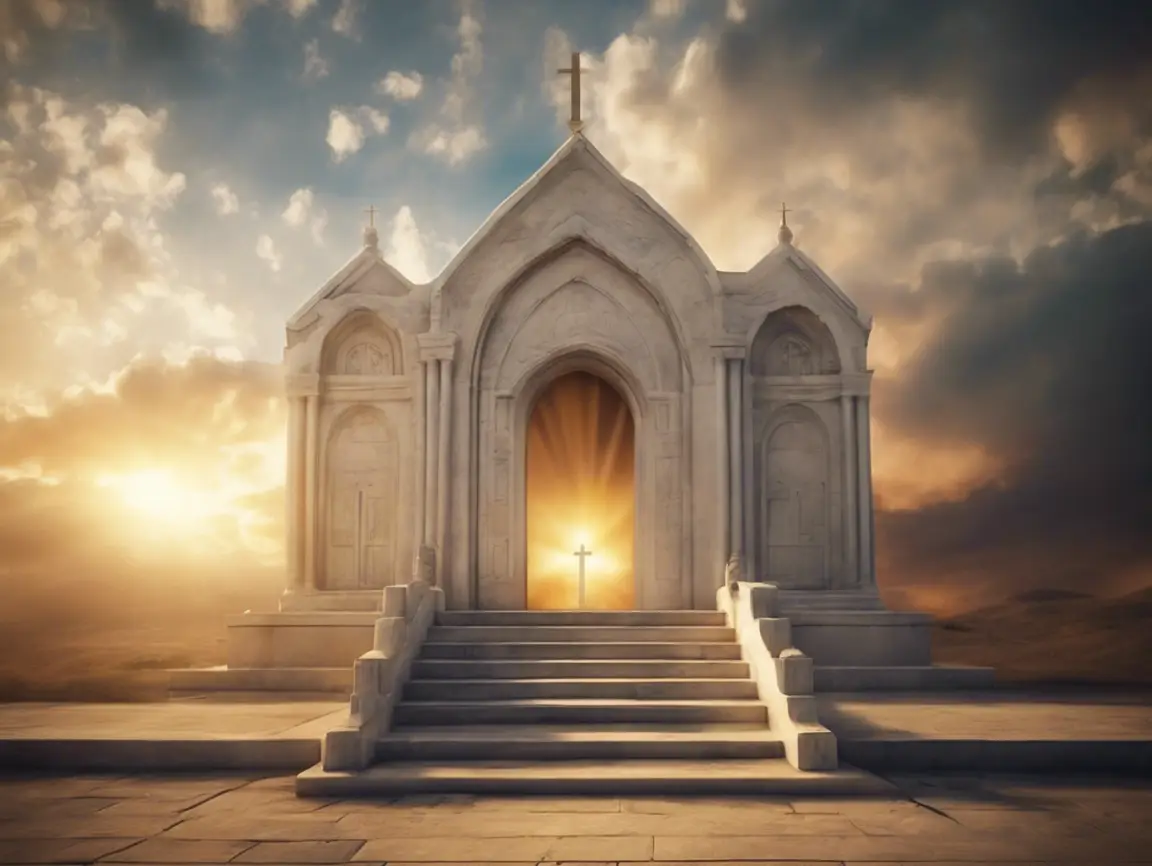 Sunlight streaming through open church doors at sunrise.