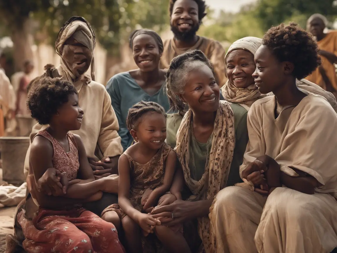 Smiling family gathered outdoors in casual attire.