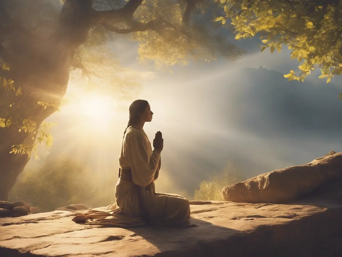 Person meditating outdoors at dawn