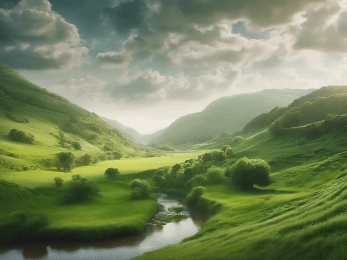 Lush green valley with winding stream and hills.