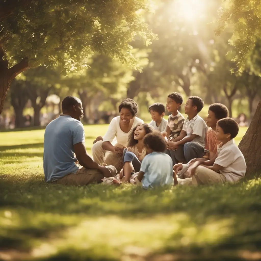 Family enjoying picnic in a sunny park.