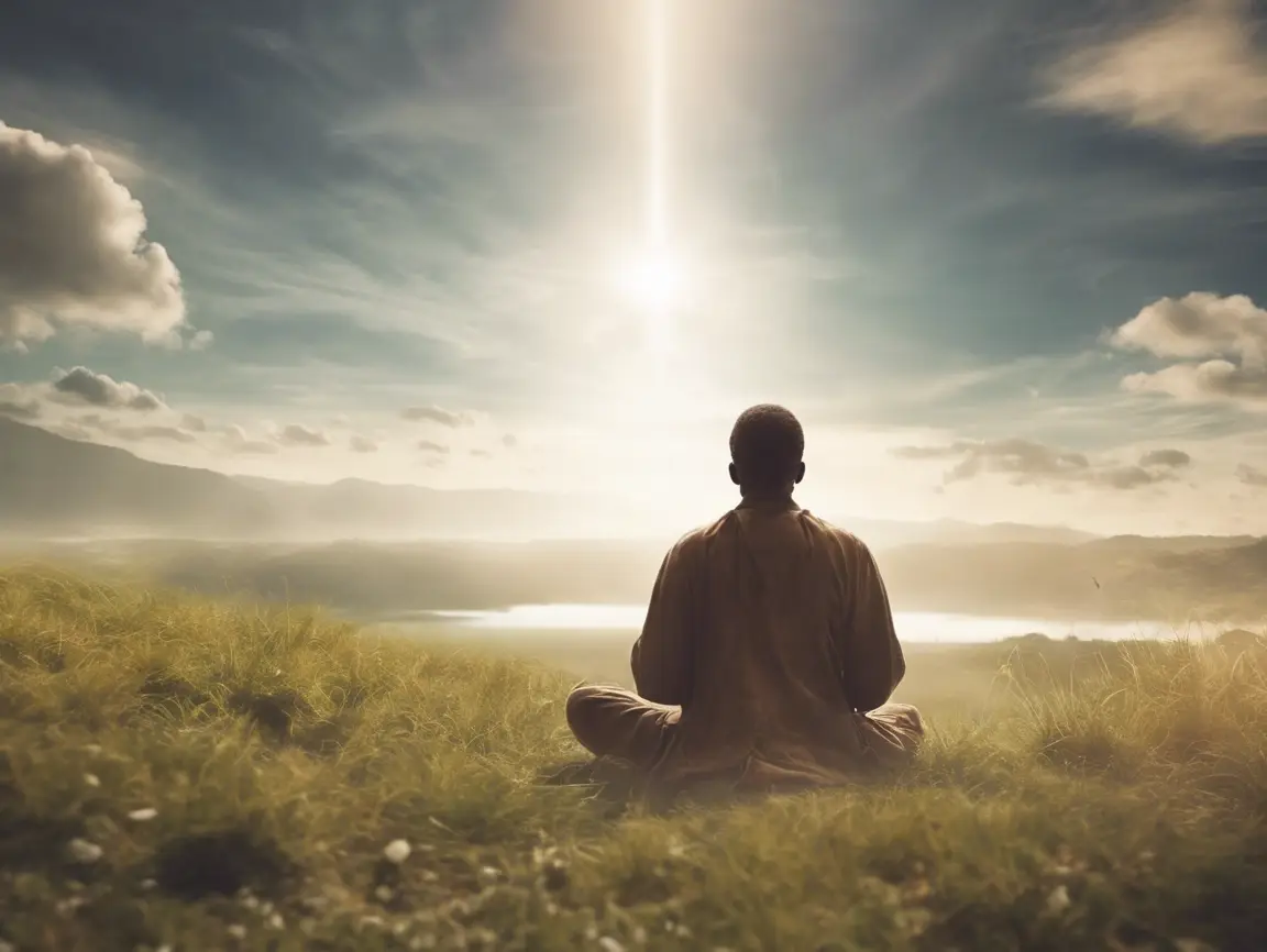 Person meditating on grass under sunlight
