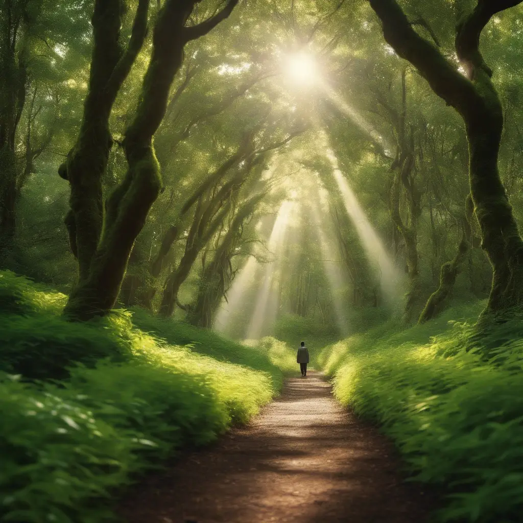 Person walking through a sunlit forest path