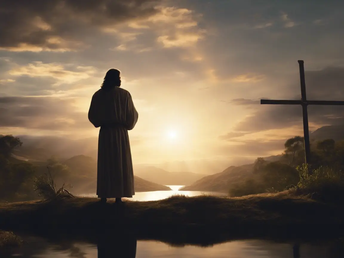 Silhouette by sunset, cross in landscape.
