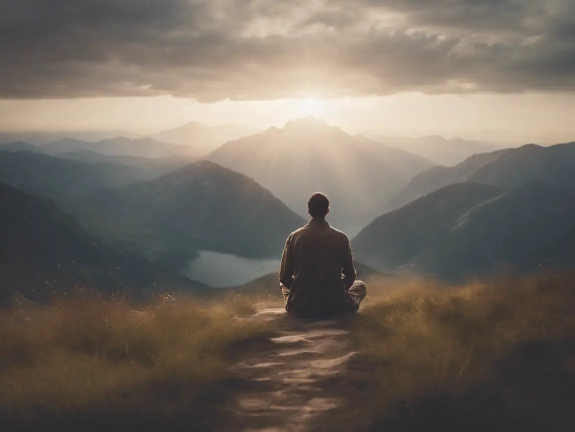 Person meditating on mountain at sunrise.