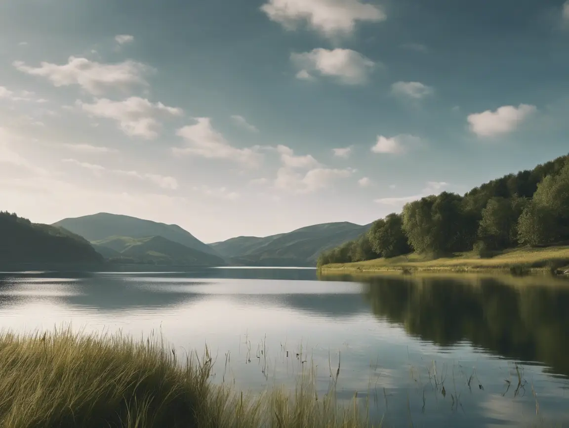 Serene lake with mountains and lush greenery