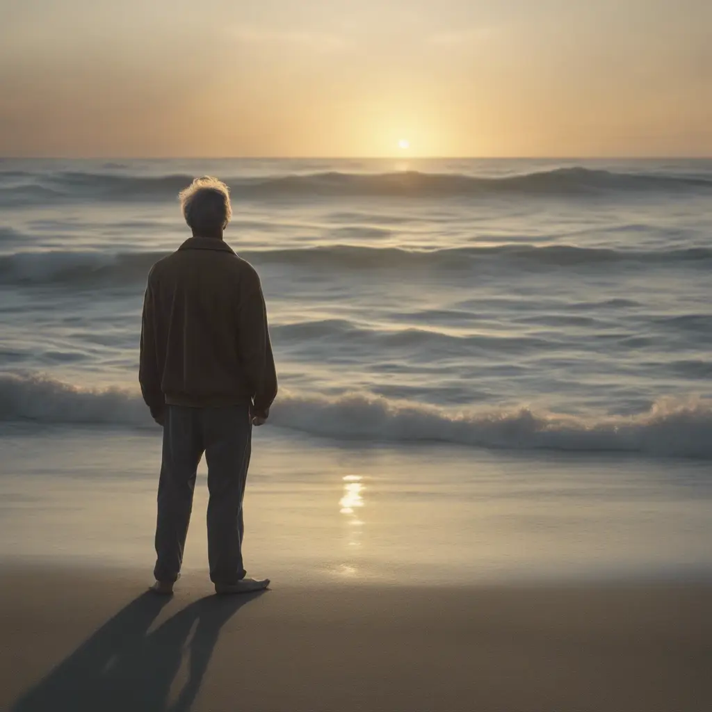 Person standing on beach watching sunset over ocean.