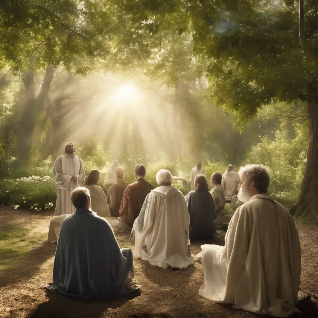 People in robes listening to speaker in forest