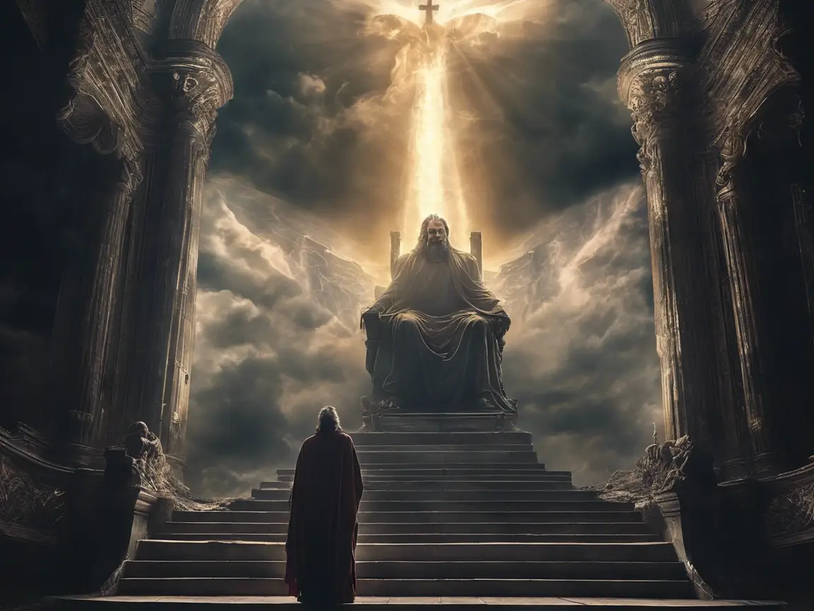 Man before throne in dramatic divine setting
