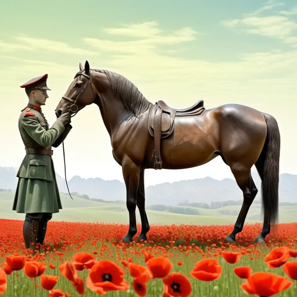 Soldier with horse in poppy field landscape.