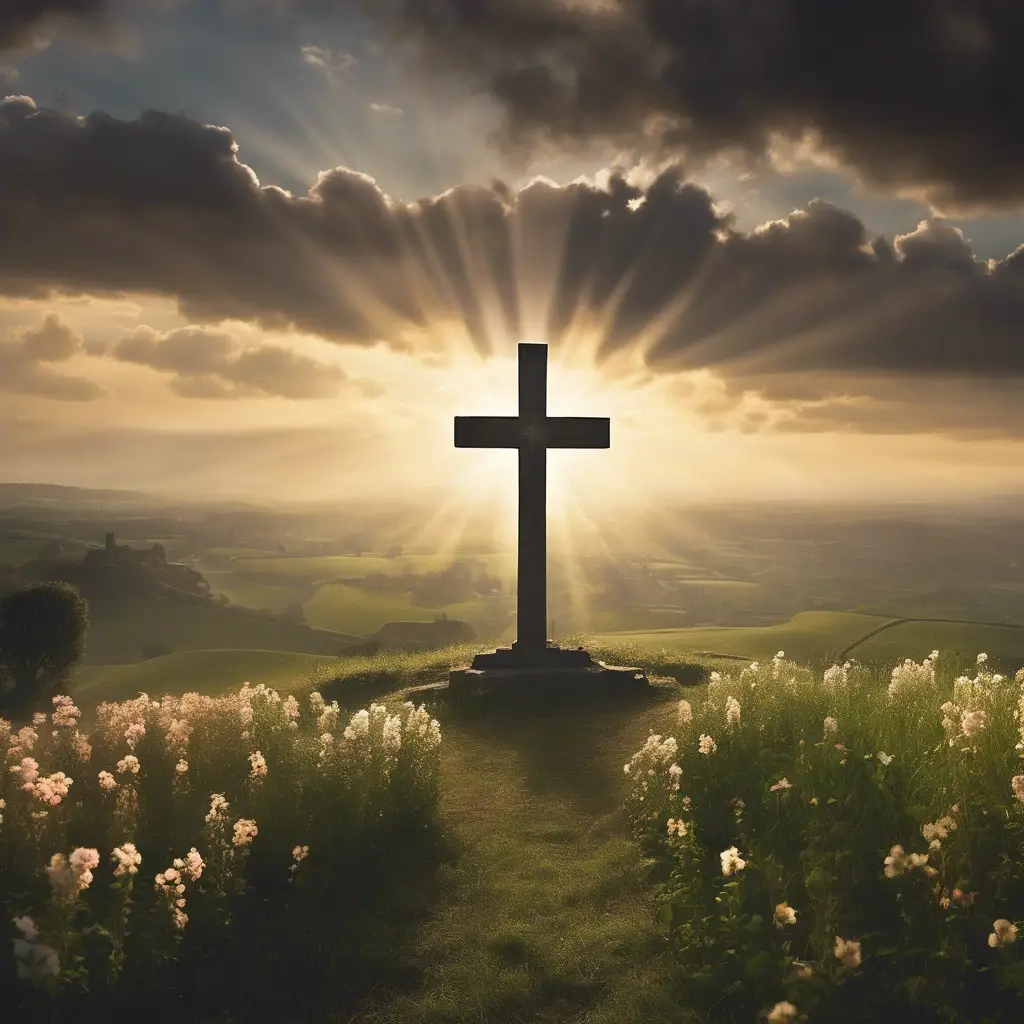 Silhouette of cross with sunset and clouds background.
