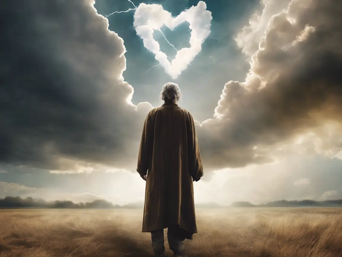 Man under heart-shaped clouds in stormy field