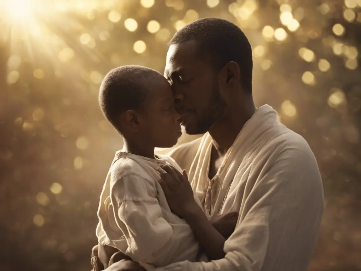 Father and son embrace under warm sunlight.