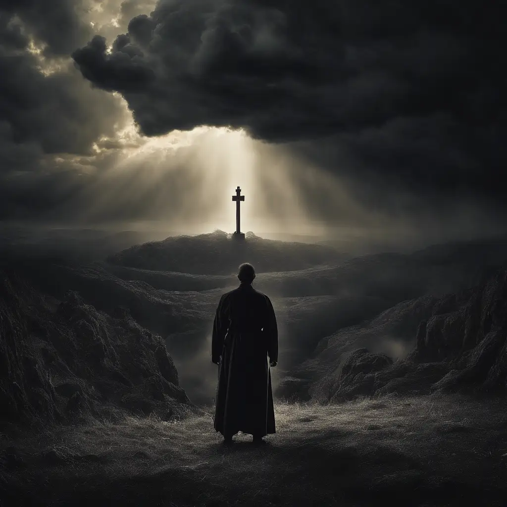 Silhouette facing cross under dramatic stormy sky.