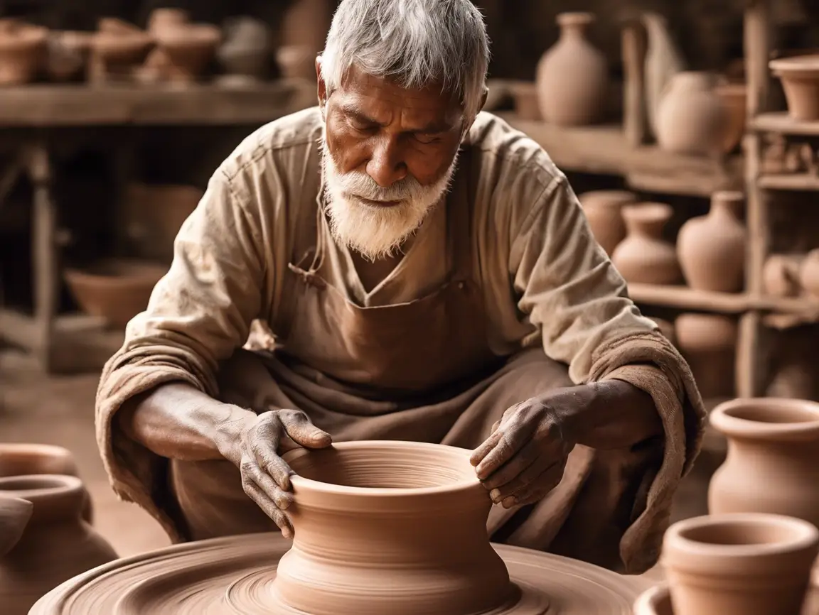 Elderly potter shaping clay on a pottery wheel.