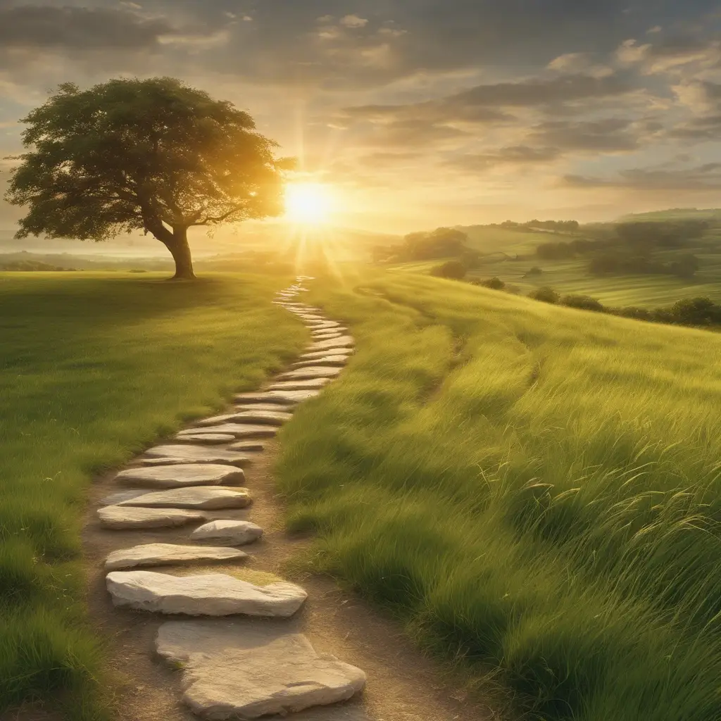 Sunlit path through lush green countryside landscape.