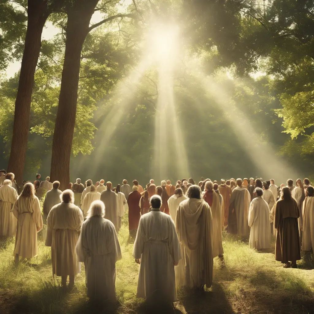 Group gathering in forest with sunlight rays shining.