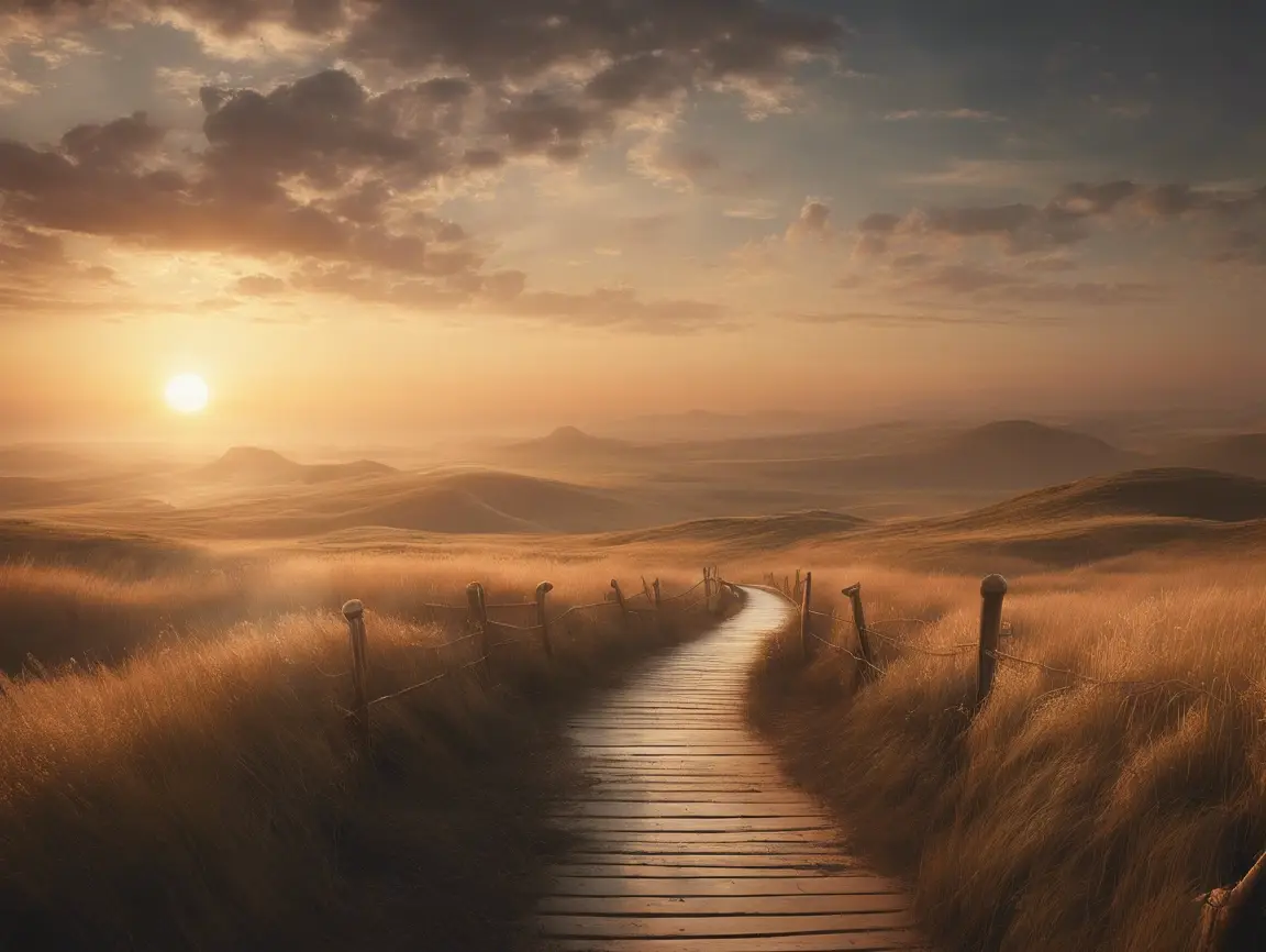 Sunset over winding path through golden fields