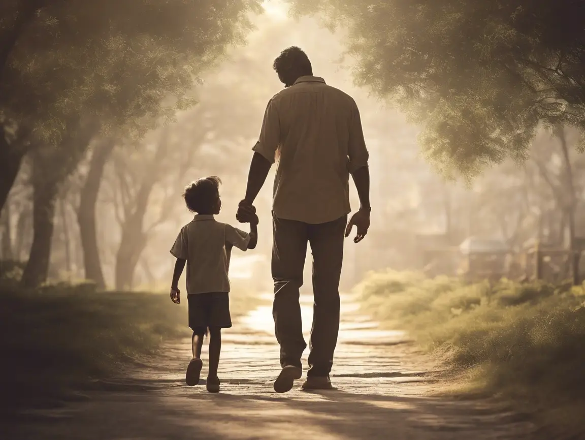 Parent and child walking in a sunlit park.