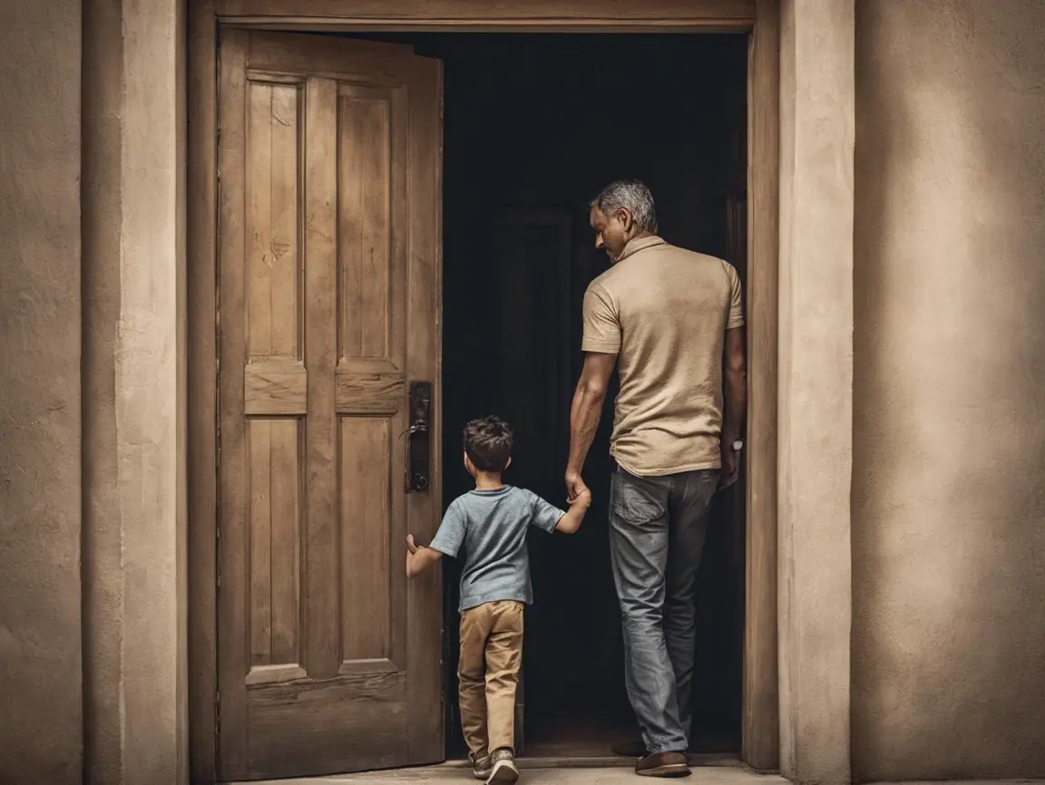 Man and child entering a wooden door.