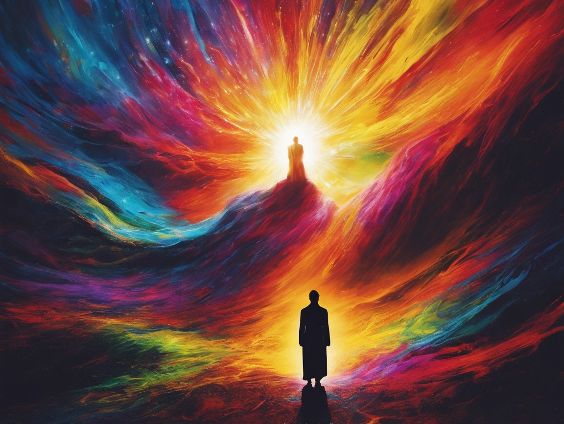 Silhouetted figure against vibrant cosmic landscape