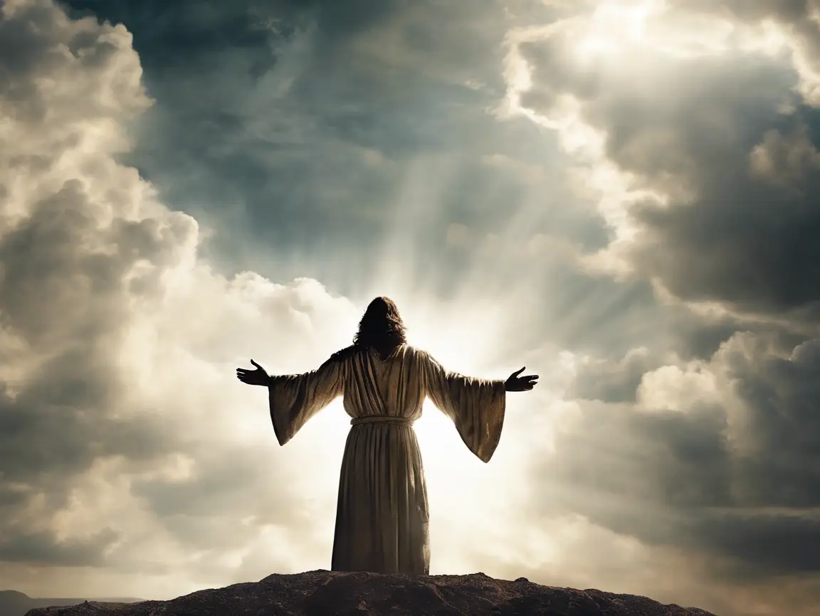 Silhouette of person with open arms against bright sky.