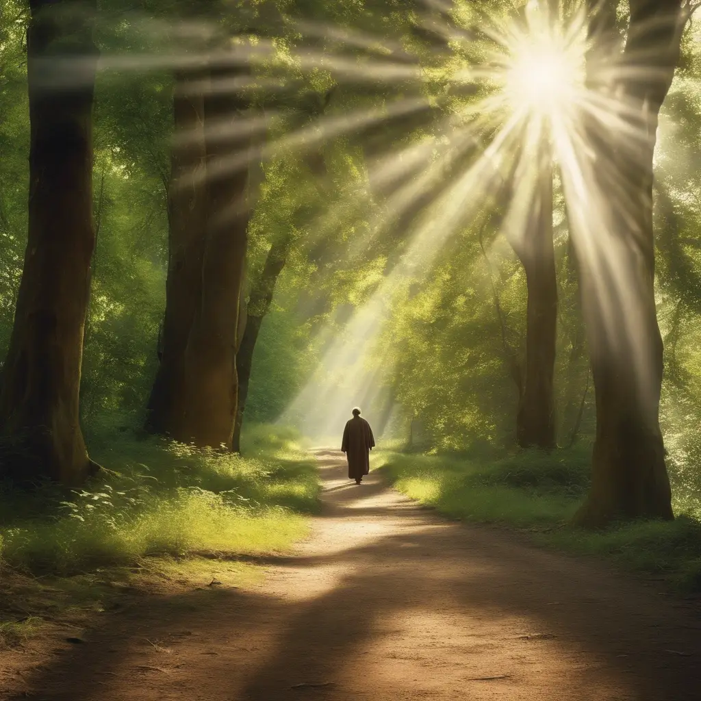 Person walking through sunlit forest path
