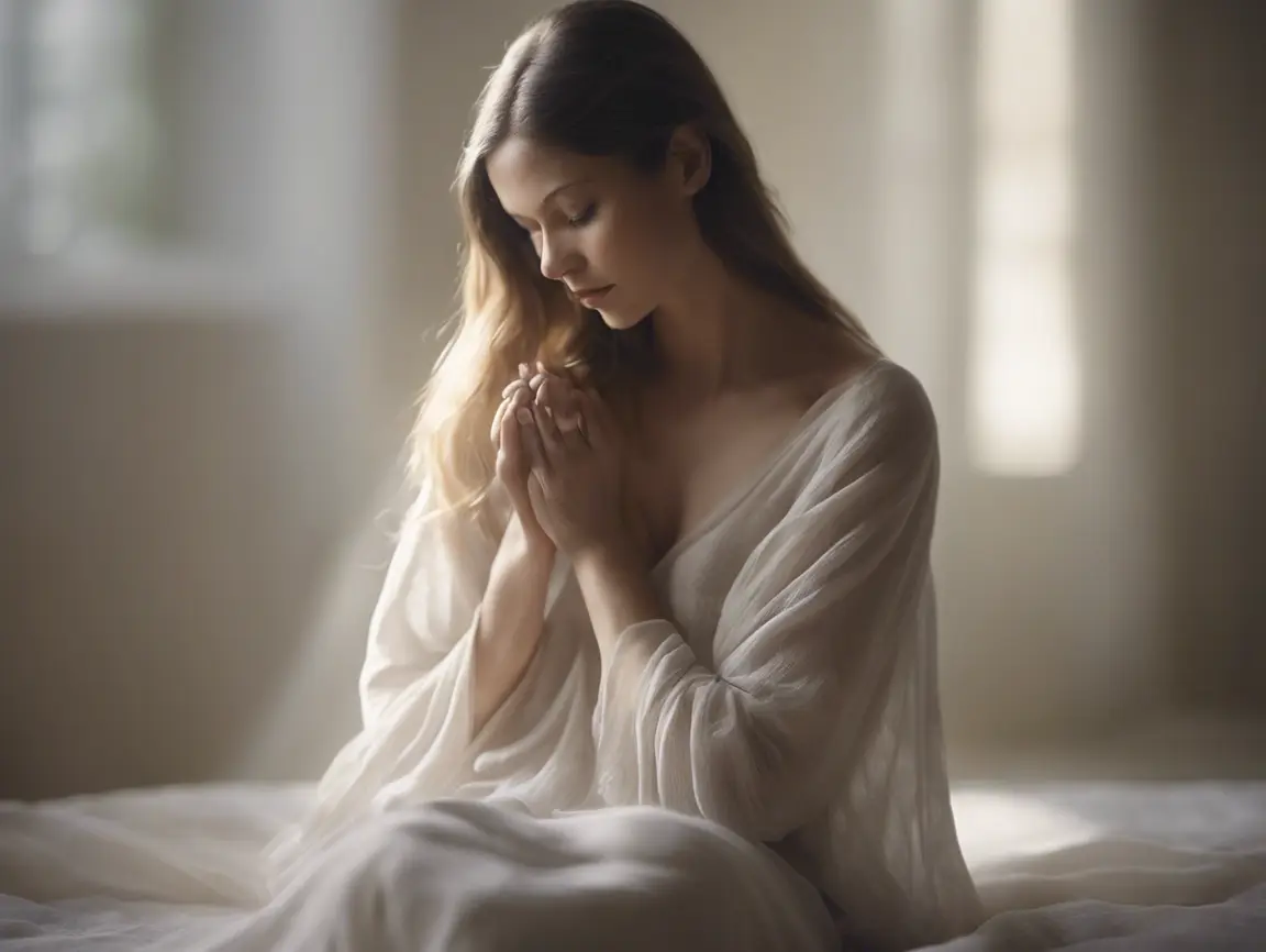 Woman in white dress, seated and praying.