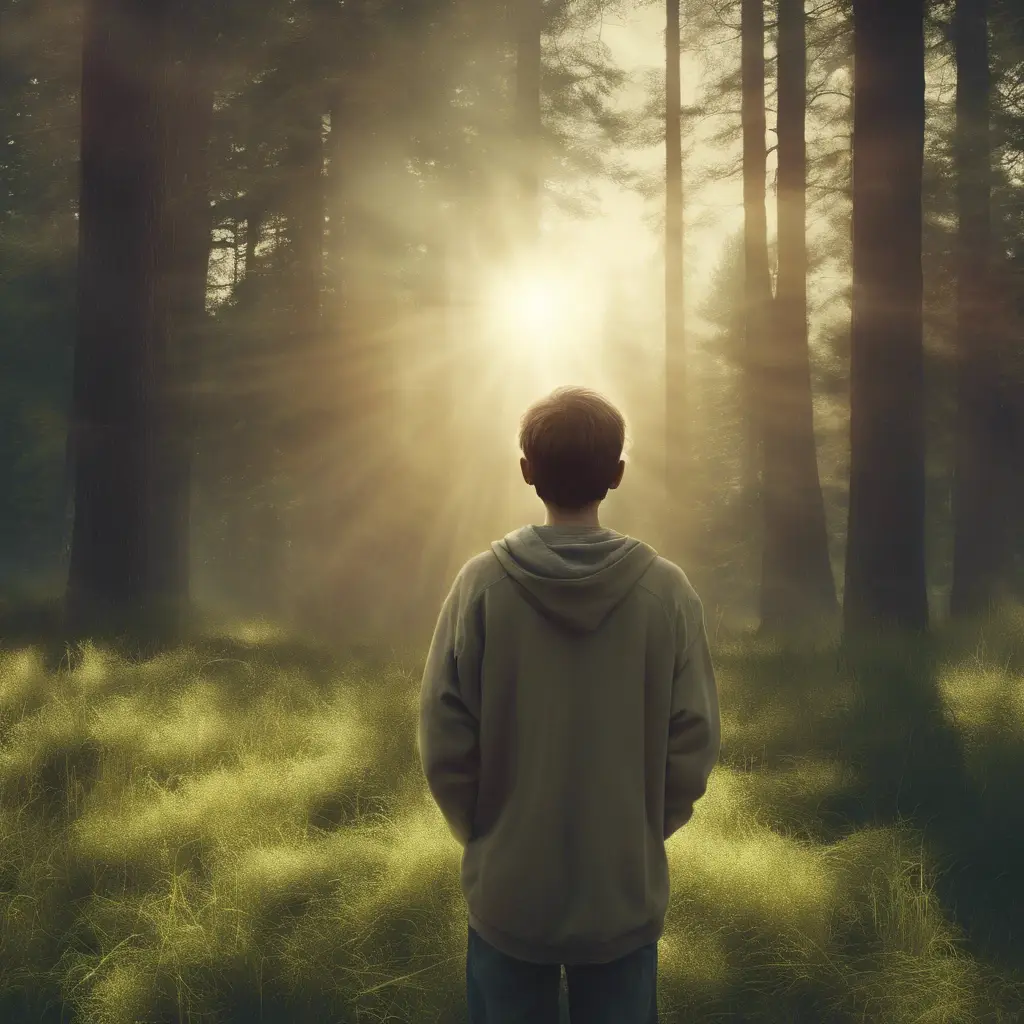 Person in forest with sunlight rays