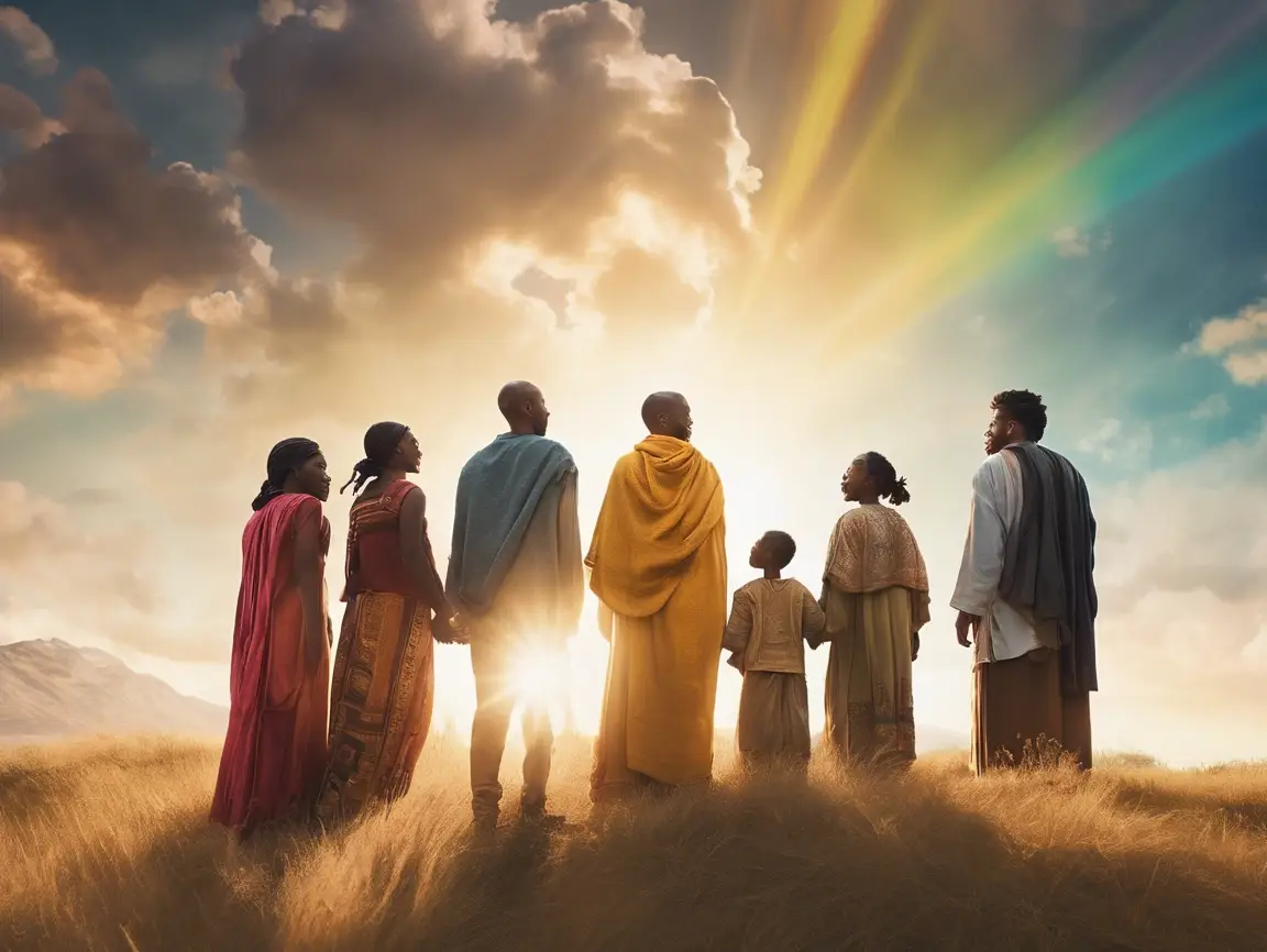 Family under colorful sky at sunset