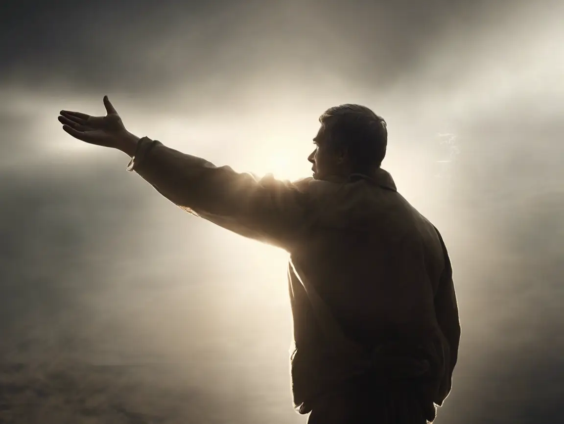 Man reaching towards the sky in soft light.