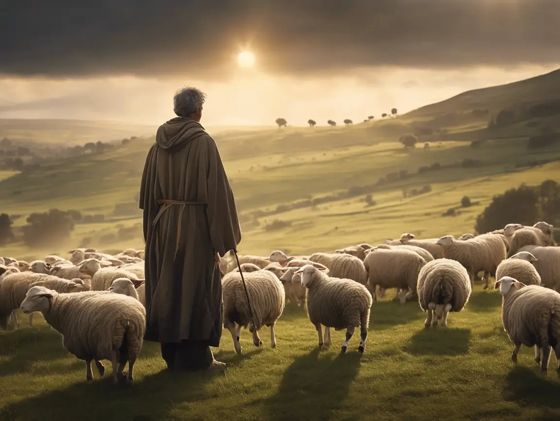 Shepherd with flock under dramatic sunset sky