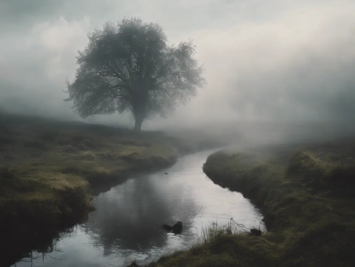 Misty landscape with tree and winding stream.