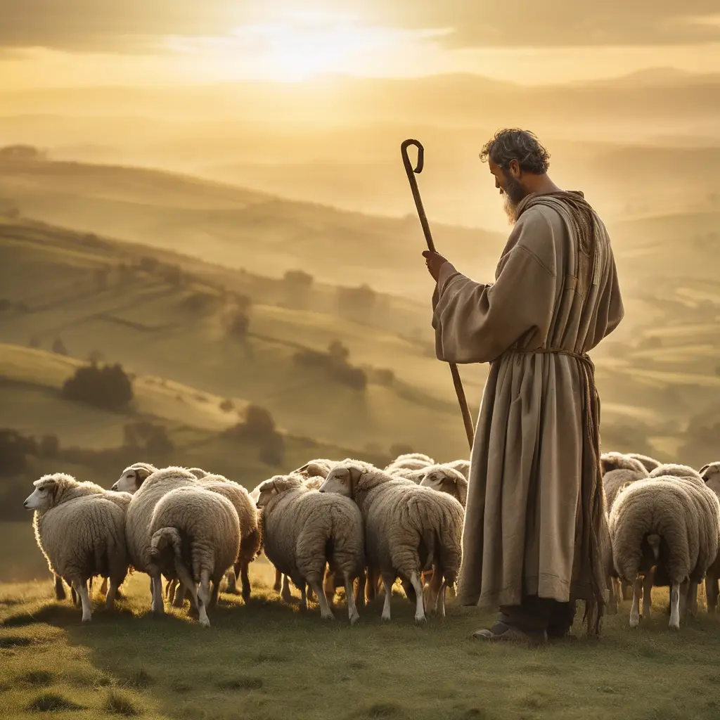 Shepherd guiding sheep at sunset on hillside