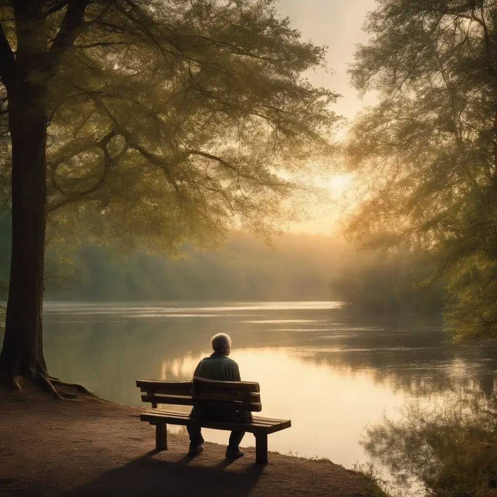 Person sitting on bench by calm lake at sunrise.