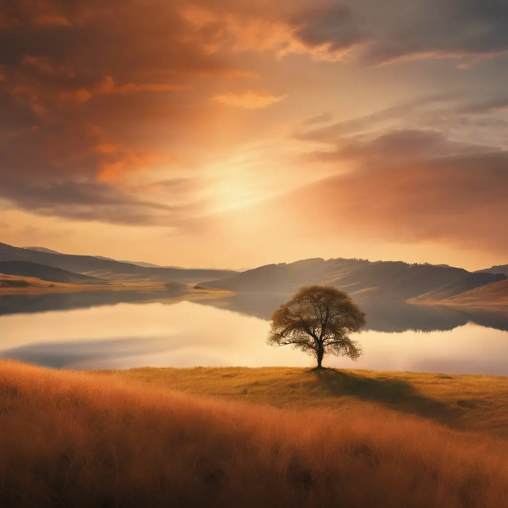 Solitary tree by lake at sunset