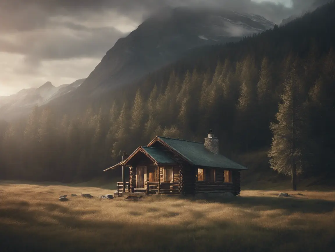 Cozy cabin in misty forest landscape