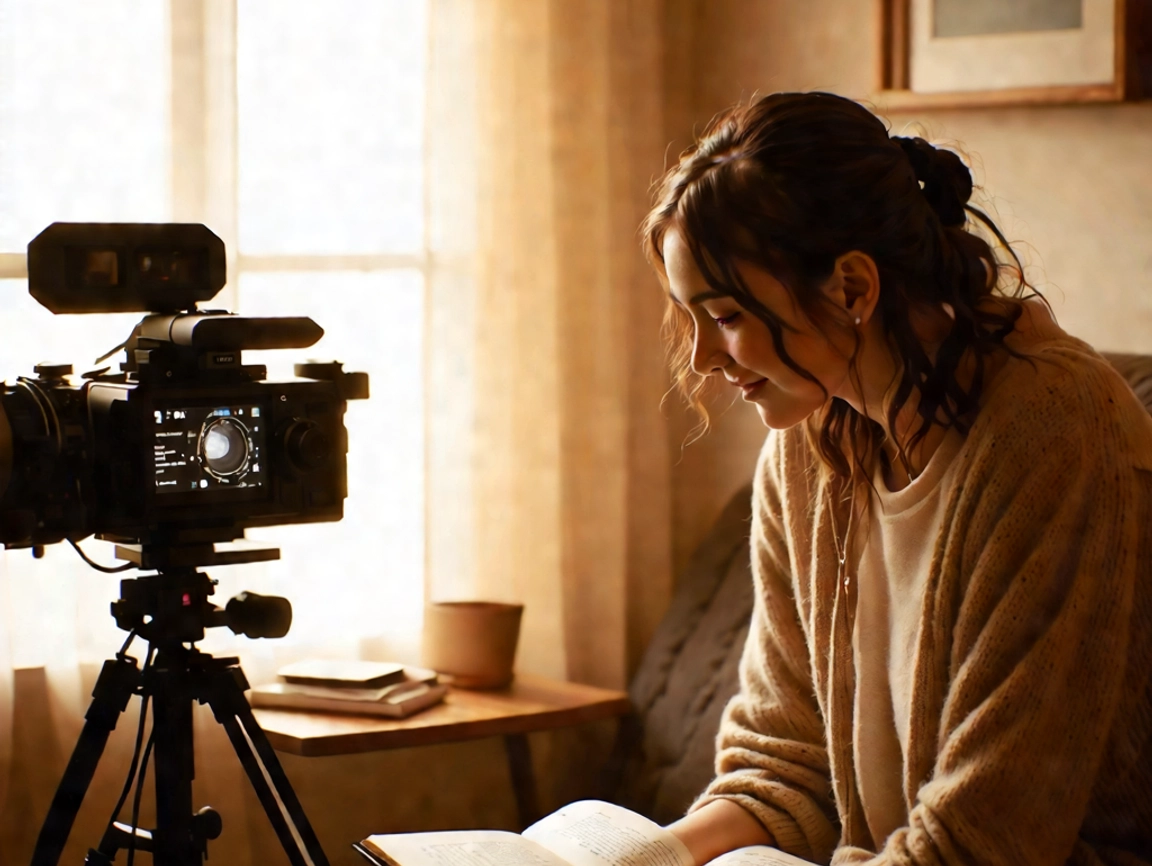 Woman reading book next to camera.