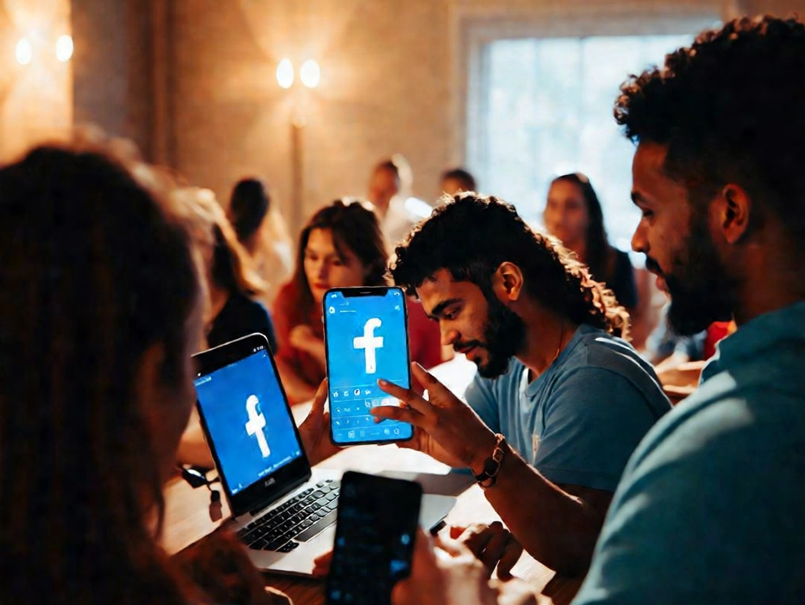 Group using Facebook on various devices.