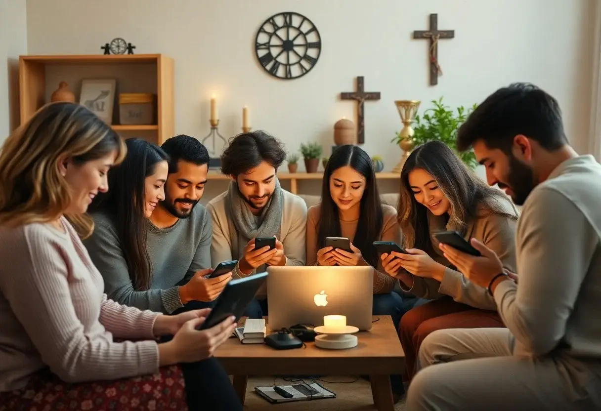 Group using devices around a laptop at home.